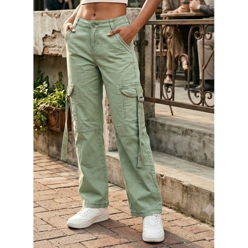LoveGen 90s Y2K Green Cargo Pants Women's 0/25 Tencel Stretch Utility Pockets